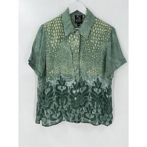 Russell Scott Womens Vintage Blouse 6 Small Green Button Up Short Sleeves Sheer